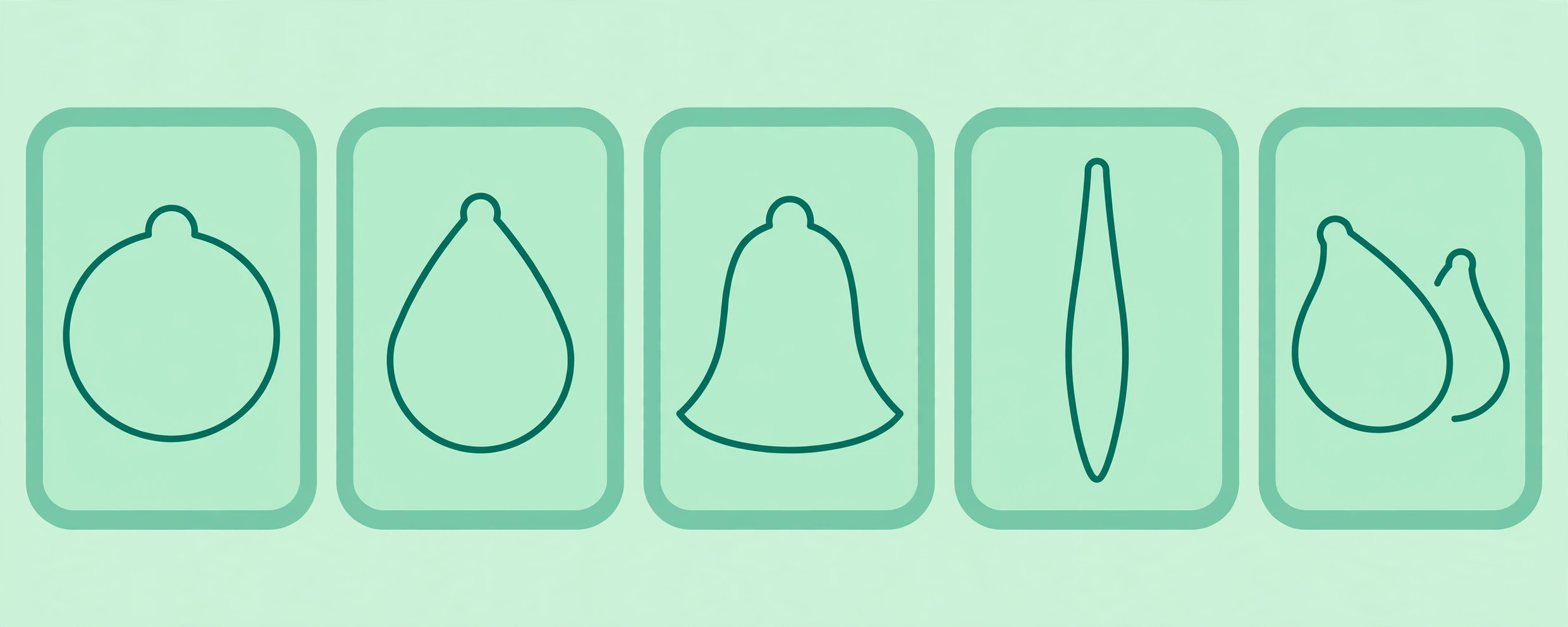 Diagram of common breast shape types: round, teardrop, bell, slender and asymmetric