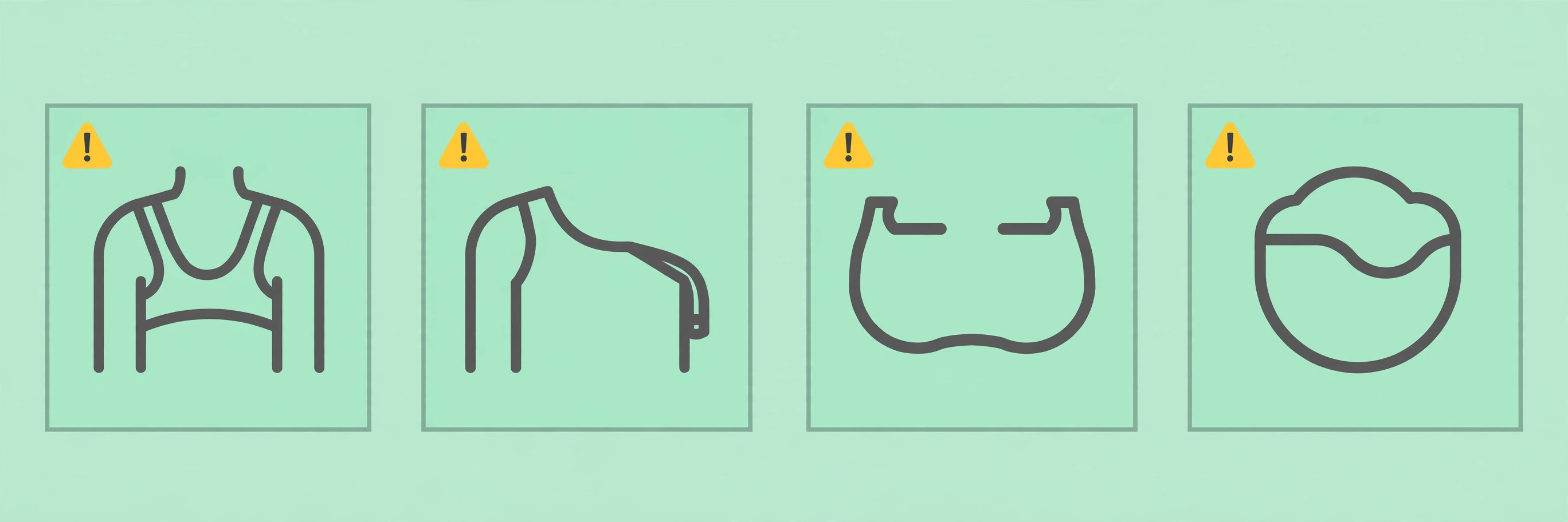 Diagram of common bra fit problems: riding band, slipping straps, gaping cups and spilling