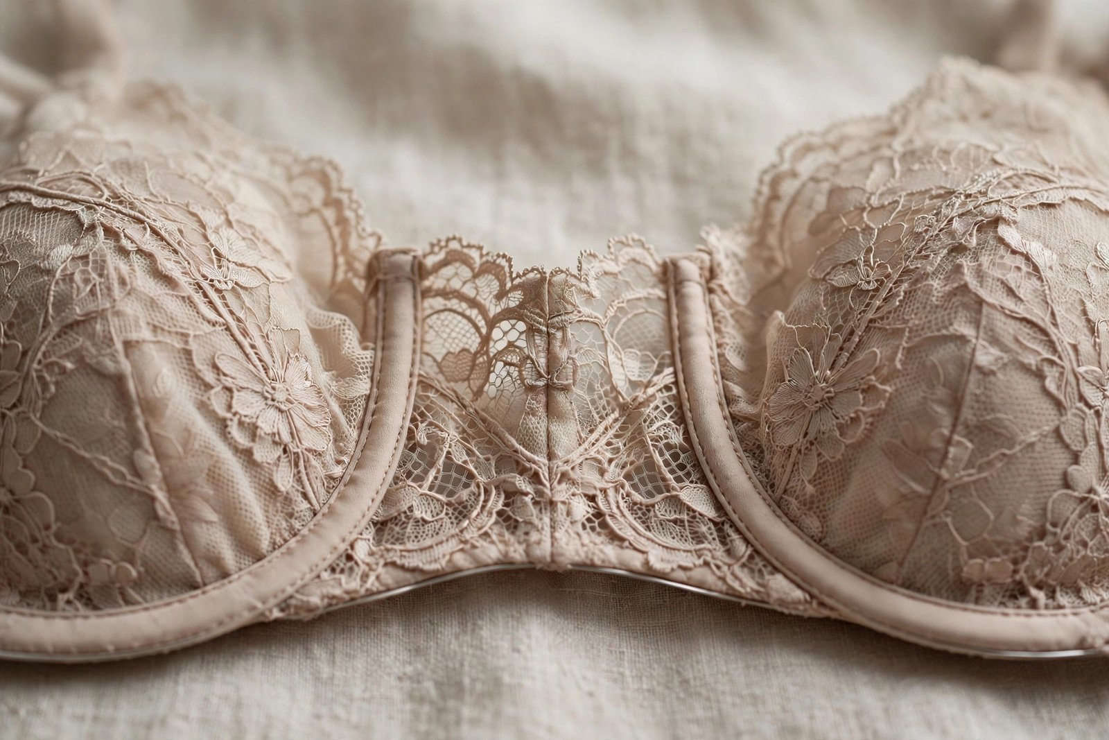 Close-up detail of a bra centre gore panel and underwires resting flat