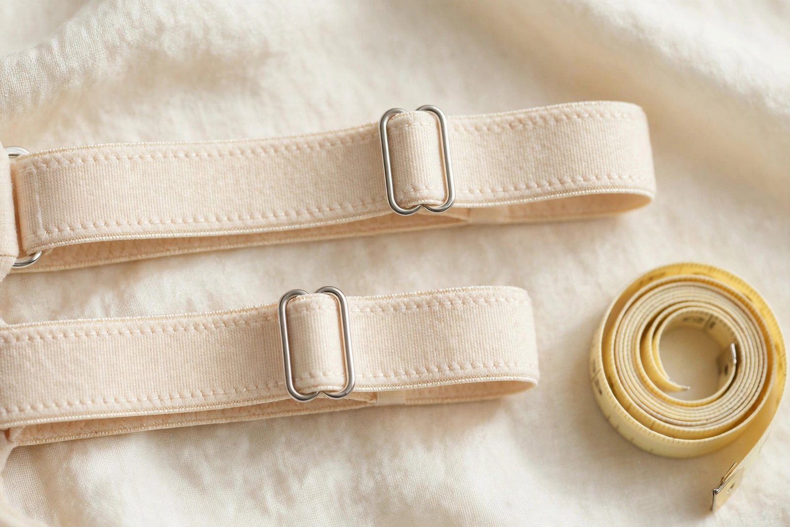 Close-up of adjustable bra shoulder straps with sliders on a cream background