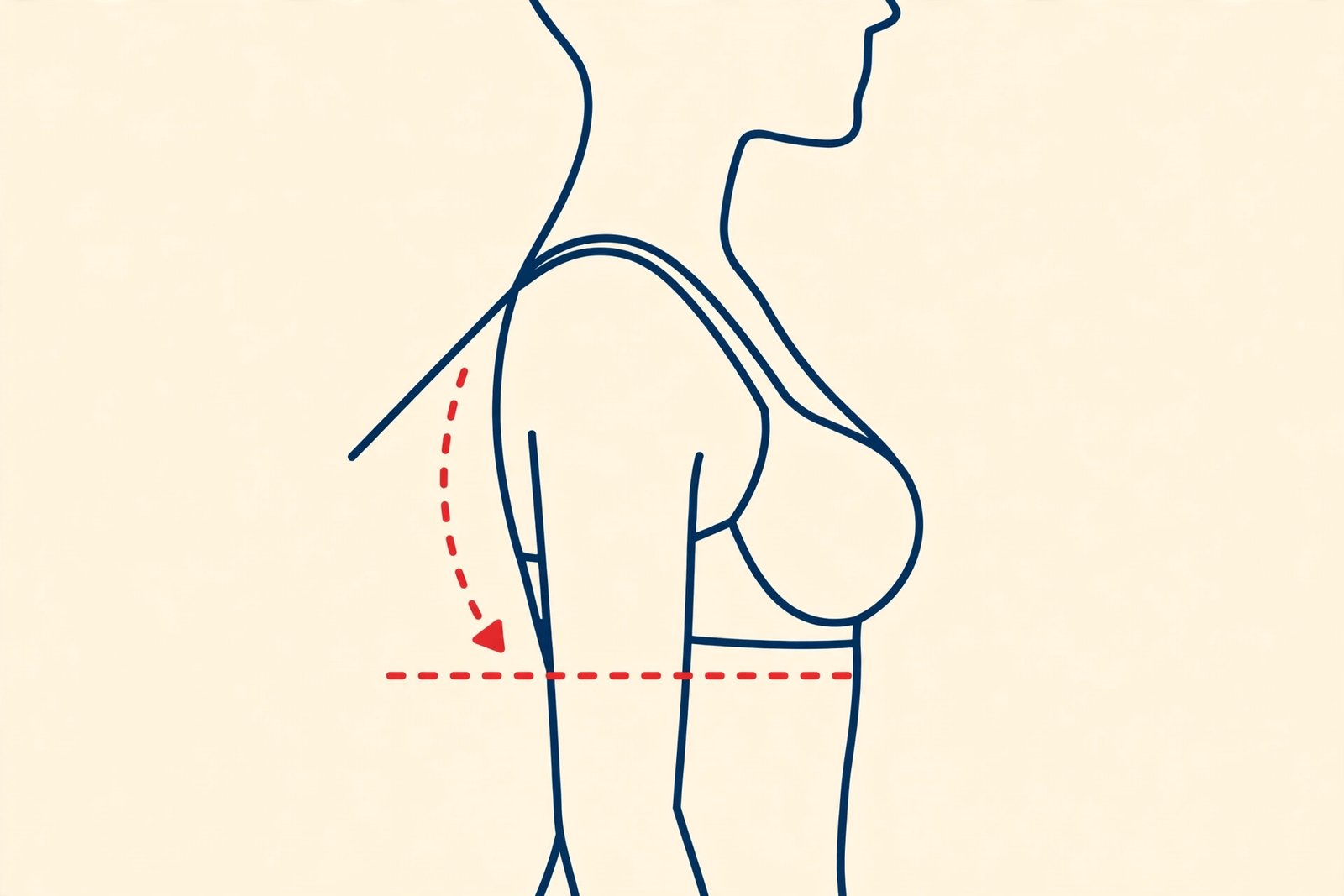 Instructional diagram showing a bra back band riding up too high, with the correct level position marked