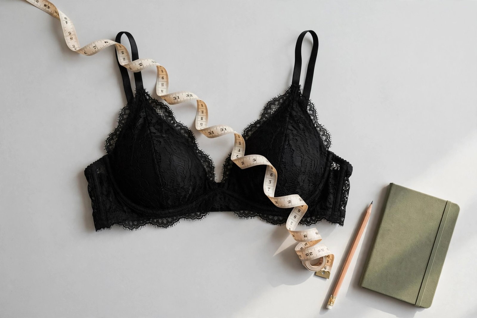 A measuring tape draped over an elegant black bra with a notebook, diagnosing bra size problems