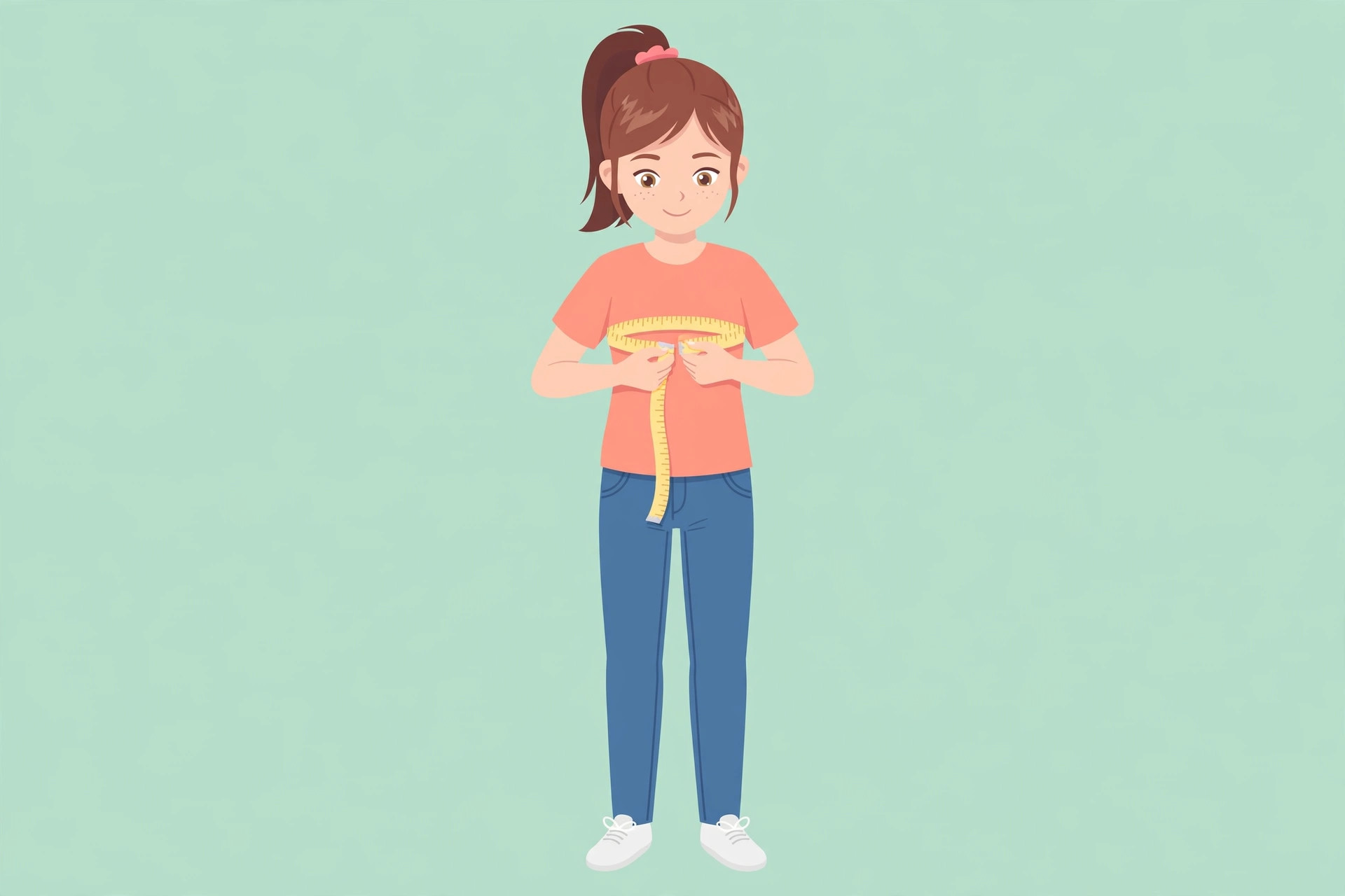 Illustration of a teen measuring over a t-shirt for a first bra size
