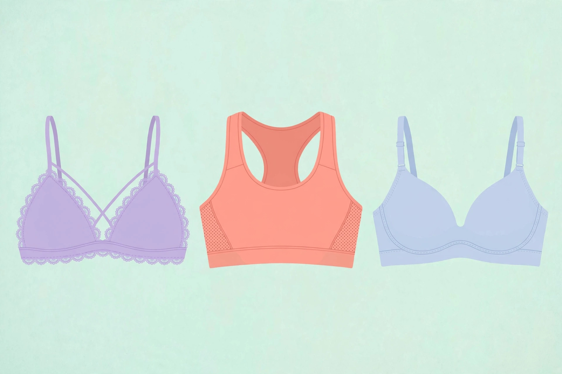 Flat lay of teen-friendly bralette, sports bra and soft-cup bra styles